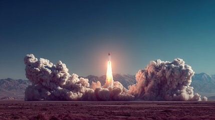 Rocket launching into the sky with massive smoke plumes and fiery exhaust in a desert landscape