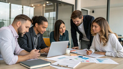 Fototapeta premium Group works together in an office space on a project while discussing ideas and strategies during daytime hours