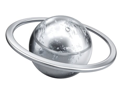 Shiny, metallic planet with a ring, isolated on a white background, has a textured, reflective surface
