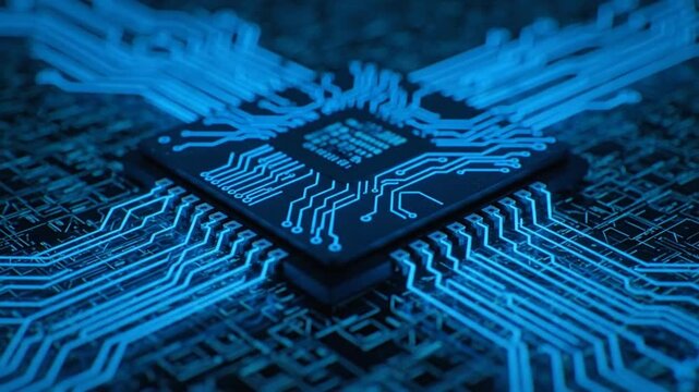 Close-up of a glowing blue microchip with intricate circuitry, symbolizing advanced technology and digital innovation