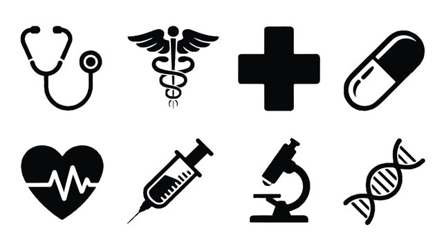 Medical icons set including stethoscope and syringe on white background