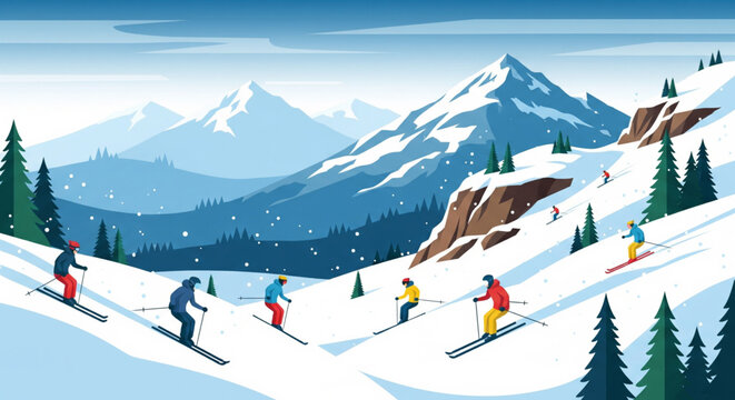 Skiers descending a snowy mountain slope with trees and mountains in the background, viewed from a high vantage point