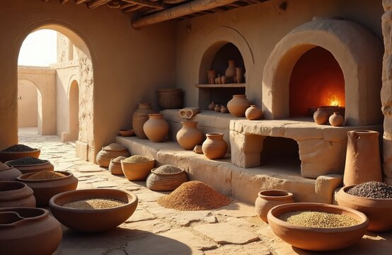 Ancient Mesopotamian kitchen displays pottery, grain stores, and clay ovens. Fire glows in oven, showing food prep and domestic life. Archeological scene reveals old cooking tools.