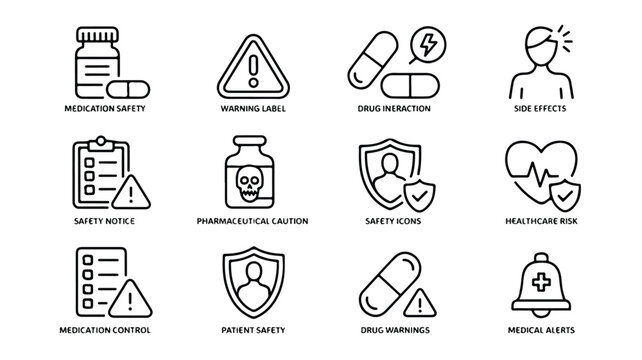 Medication safety and healthcare warning icons on white background