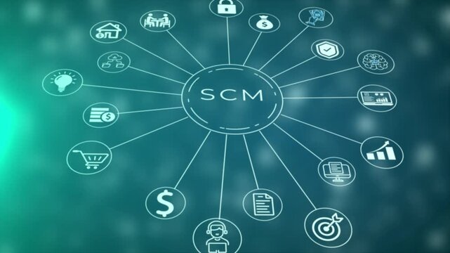 Supply Chain Management SCM concept diagram with representing logistics security finance and data analysis on a blurred teal green bokeh background with glowing light effects
