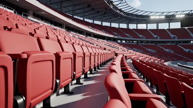 Empty red stadium seats in a modern sports arena.