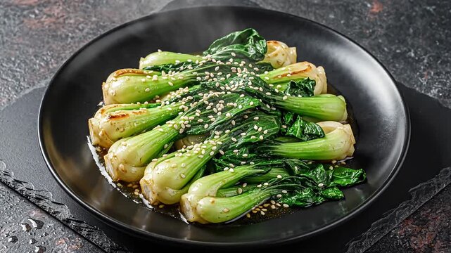 Fresh steamed bok choy with sesame seeds on black dish