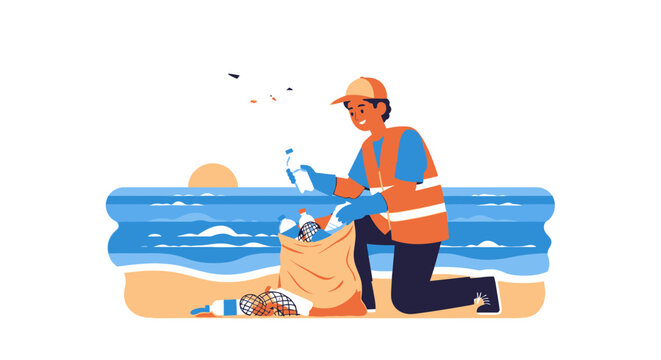 Volunteer cleaning a beach collecting trash for environmental protection concept