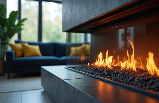 Modern linear gas fireplace with glass enclosure provides warm glow in living room. Flames dance over dark stones. Contemporary home hearth creates cozy atmosphere. Clean design adds comfort.