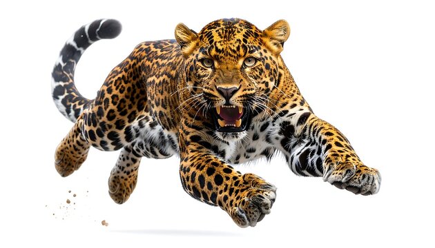 Spotted cat, leaping forward, mouth open, intense gaze on white