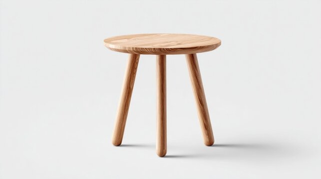 Minimalist wooden stool with three legs on a clean white background