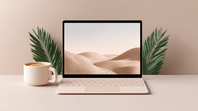 Modern laptop with a cup of coffee and tropical leaves on a minimalist desk