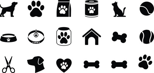 Collection of black and white pet care icons and symbols animal paw print © Rasel