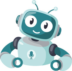 Friendly cartoon robot with microphone on chest sitting on white background