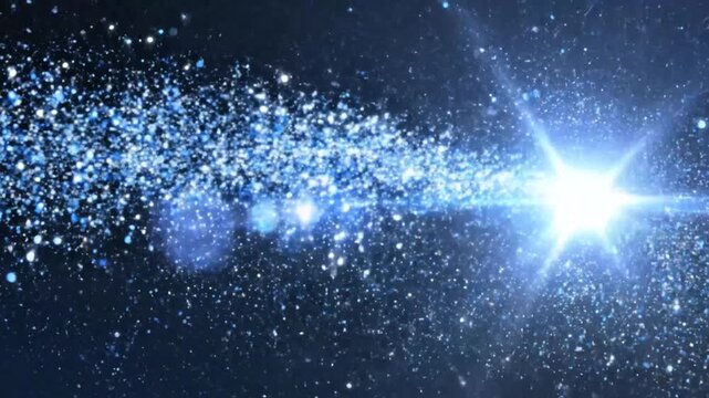 Abstract blue glowing particles trail and explode on dark background, motion graphic