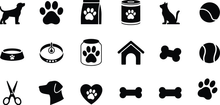 Collection of black and white pet care icons and symbols animal paw print