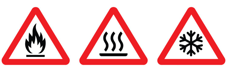 Hazard, warning signs set featuring fire hazard, hot surface symbol, and cold temperature safety icon, caution alerts, industrial and workplace safety symbols, modern flat vector