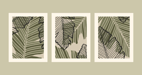 Fototapeta premium Green wall art vector set. Abstract Plant Art design for print, cover, wallpaper, Minimal and natural wall art. Vector illustration.