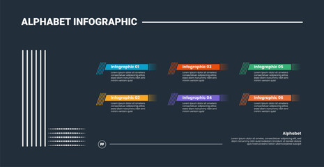 Fototapeta premium Alphabet infographic process diagram with letter L on the left side with dark background bright outline style 6 points