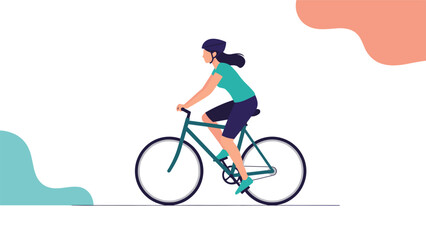 Naklejka premium Active woman wearing a safety helmet rides a green bicycle against a simple background with colorful abstract shapes.