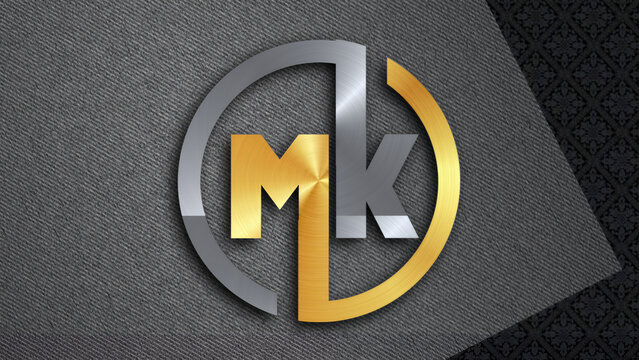 Sleek metallic M and K initial logo, elegantly designed with gold and silver gradient effects within a dynamic circular emblem, perfect for luxurious and professional branding