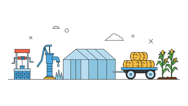 Colorful farm landscape illustration features a water well, hand pump, greenhouse, hay cart, and healthy growing corn plants.