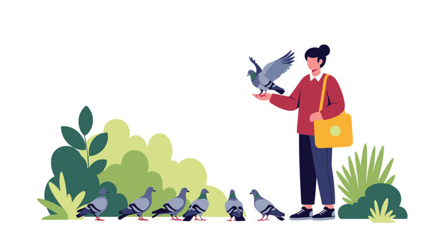 Young woman standing in a lush green park feeding a flock of pigeons gathered around her on the ground, depicting a peaceful urban scene.