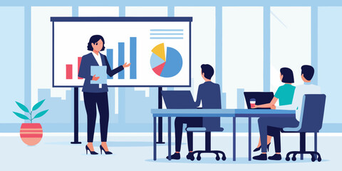 Businesswoman presenting data analysis to colleagues in a modern office setting