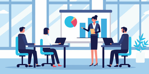 Obraz premium Business team presenting data analysis and strategy during a modern office meeting