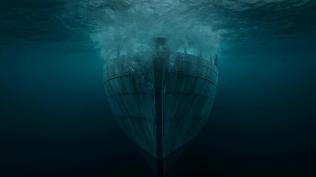 Cinematic CGI Animation of a Submarine Surging from Deep Ocean with Dramatic Lighting and Turbulence