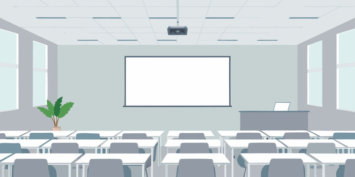 A minimalist classroom with a projection screen and empty student desks