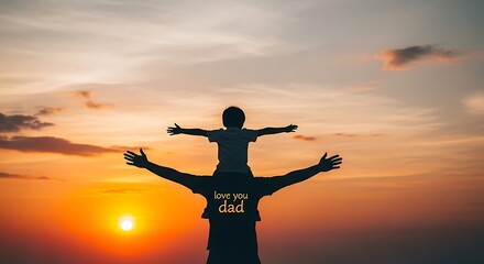 Fototapeta premium Silhouette of a man carrying another on his shoulders at sunset with a vibrant orange sky