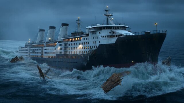 Cinematic CGI Animation of a Large Passenger Ship Sailing Through Rough Seas with Dramatic Lighting and Stormy Sky