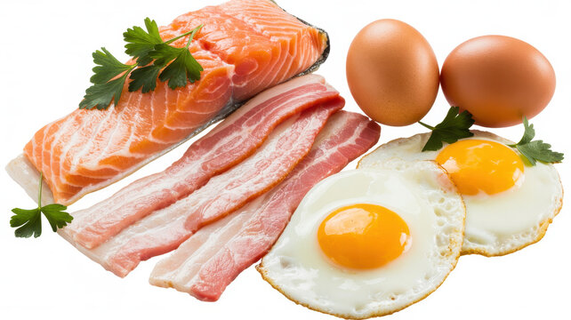 Assorted breakfast foods with salmon and eggs bacon