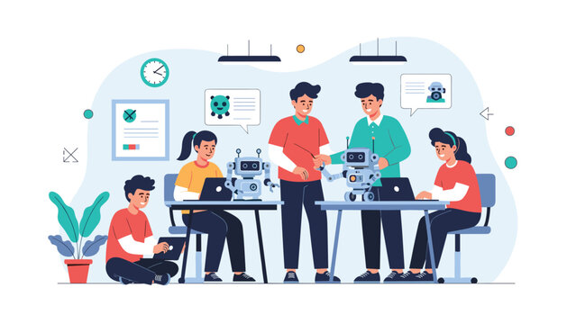 Diverse group of young students works together in a classroom to build and program robots using laptops and tools.