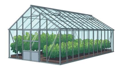Naklejka premium Large professional glass greenhouse for agriculture is filled with rows of healthy green plants and vegetation on a white background.
