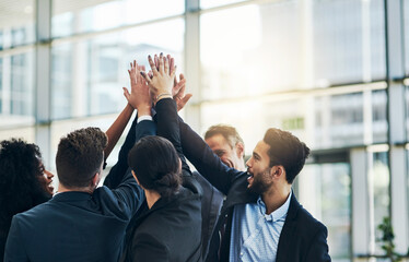Obraz premium High five, teamwork and business people in office, investor or celebration for investment deal. Flare, group or target with financial advisor, excited or gesture for success, smile or profit increase