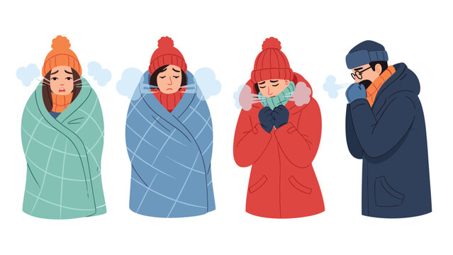 Illustration of four cold people shivering and bundled in heavy winter coats scarves and blankets to keep warm in the winter.