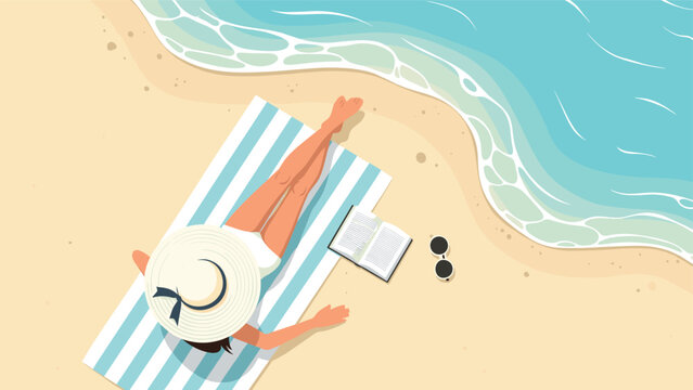 Top-down view of a woman in a wide-brimmed sun hat sunbathing on a striped towel by the ocean waves on a sandy beach.