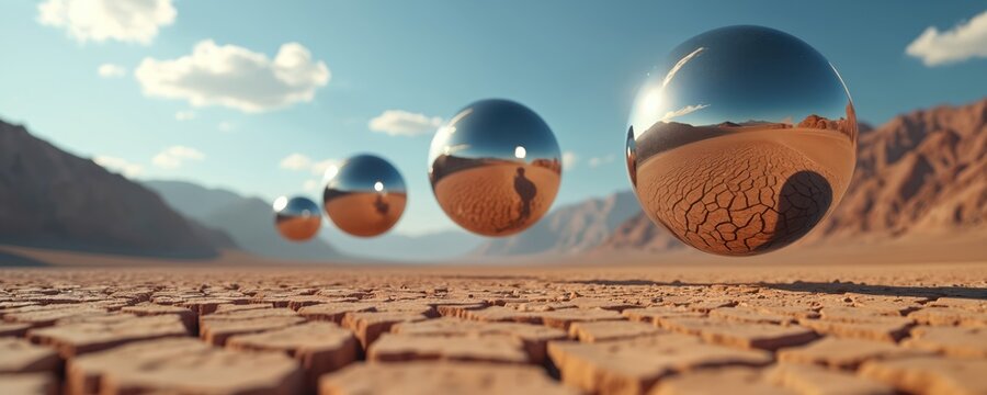Metallic spheres float over dry cracked desert earth under a blue sky with clouds. Mountains rise in the background landscape. Sun reflects off smooth surfaces.