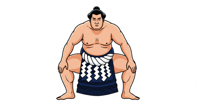 A sumo wrestler in a traditional mawashi stands ready for a match in a sumo ring, viewed from the front.