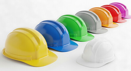Colorful hard hats in various safety colors for construction and industry