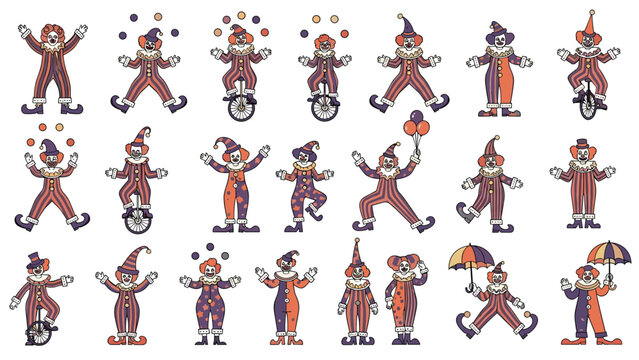 Large collection of pixel art clown characters in various colorful circus costumes performing funny tricks to entertain a crowd.