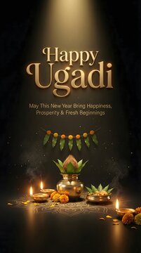 Happy ugadi celebration with traditional indian decorations and candles