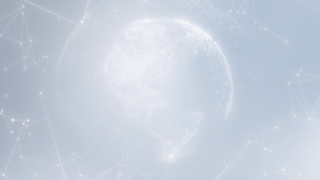 Global Digital Network Connection Background Technology World Data Visualization. Futuristic white digital globe technology background with abstract particle network, glowing dots and soft wave lines.