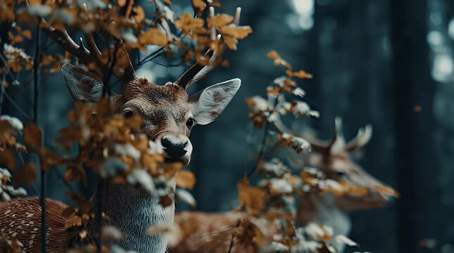 Deer hide behind trees with orange leaves in forest