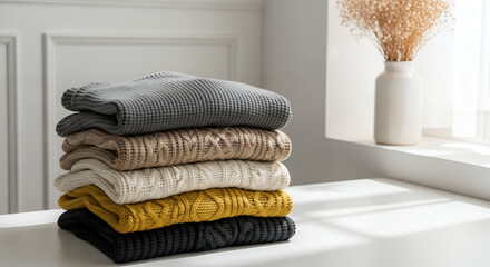 Cozy stack of knitted sweaters in various colors on white table