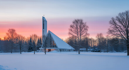 Serene snowy landscape with modern church at sunset