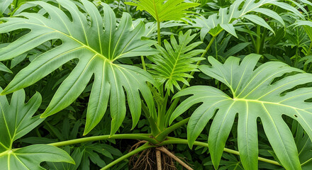 Lush green philodendron plant with large leaves in tropical setting