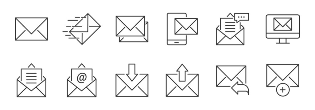Email Icons Collection%3A A set of six meticulously crafted line icons representing various email-related concepts  perfect for digital design projects.